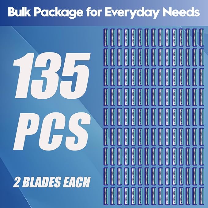 Twin Blade Disposable Razors for Men & Women – Bulk 135 Pack Stainless Steel Shavers with Lubricating Strip, Safety Cap & Non-Slip Handle for Sensitive Skin, Travel, Hotel, Charity – Blue