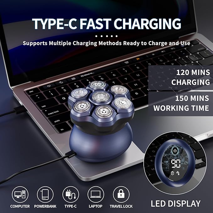 Upgraded 7D Head shavers for Bald Men,Bald Head Electric Razors,Waterproof Dry Wet Rotary Shavers/Razor for Balder with an Extra agnetic Head（Blue）