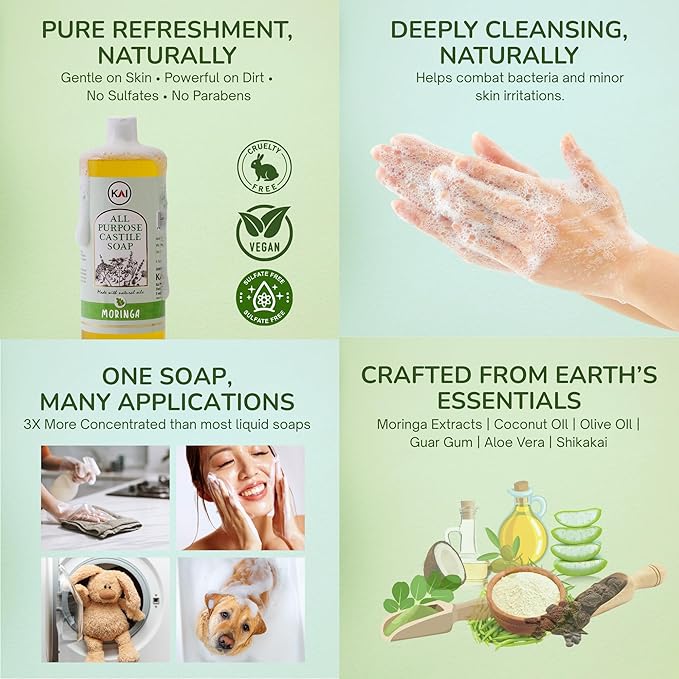Moringa Liquid Castile Soap; Concentrated and All-Purpose; Use for All Natural Body Wash, Face Cleanser, Hair Shampoo, Hands, Dishes, Laundry, Floors, and Pets; 32 Ounce (1 Pack)