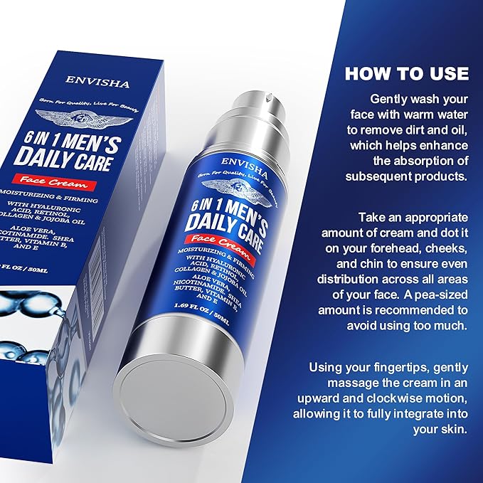 ENVISHA Men's Facial Moisturizer, 6-in-1 Deep Moisturizer with Collagen, Hyaluronic Acid, Vitamin E & B, Men's Facial Moisturizer, Daily Moisturizing Care
