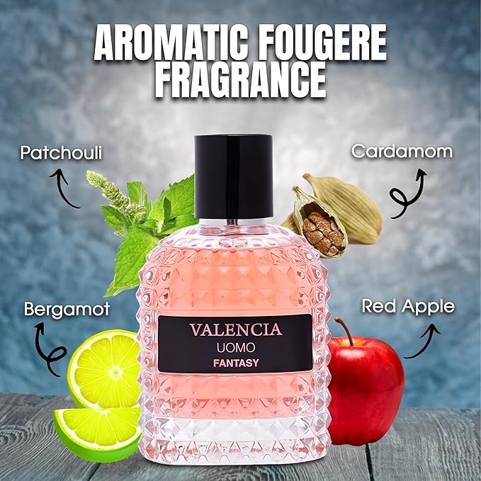 Valencia UOMO Fantasy Sensual Woody Fragrance for Men | Long Lasting Cologne Aromatic Scent, Eau de Parfum Natural Spray - Great Holiday Gift, 3.4 Fl Oz/100 Ml