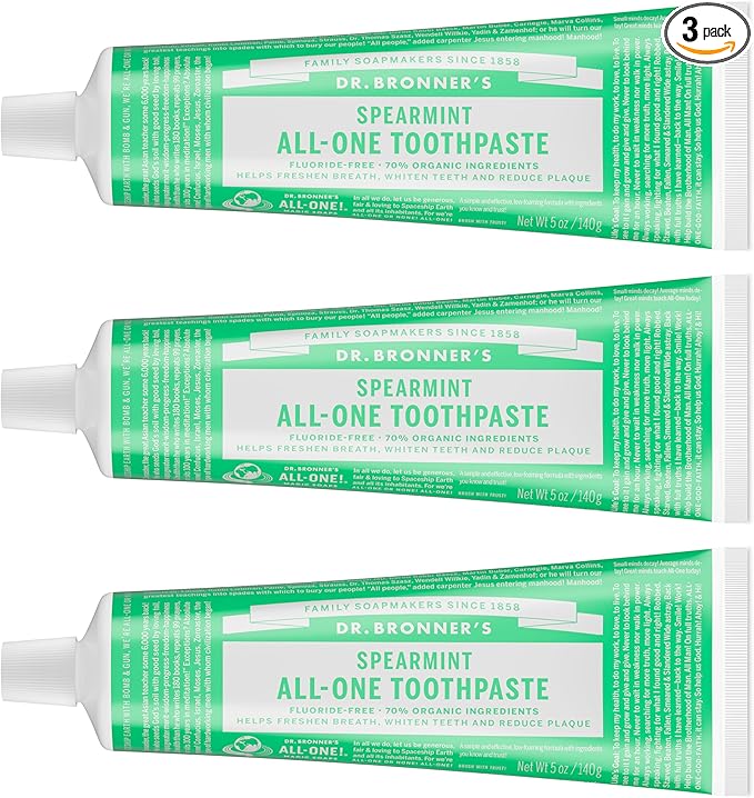 Dr. Bronner’s All-One Toothpaste Pack of 3– Spearmint, 5 oz– Fluoride-Free Toothpaste for Adults, SLS-Free, 70% Organic & Natural Ingredients, Vegan, Helps Freshen Breath & Reduce Plaque
