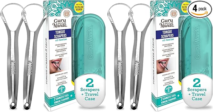 GuruNanda Tongue Scraper for Adults (4 Pack) with Travel Case, 420 Medical-Grade 100% Stainless Steel Tongue Cleaner, Aids in Fresh Breath & Oral Care