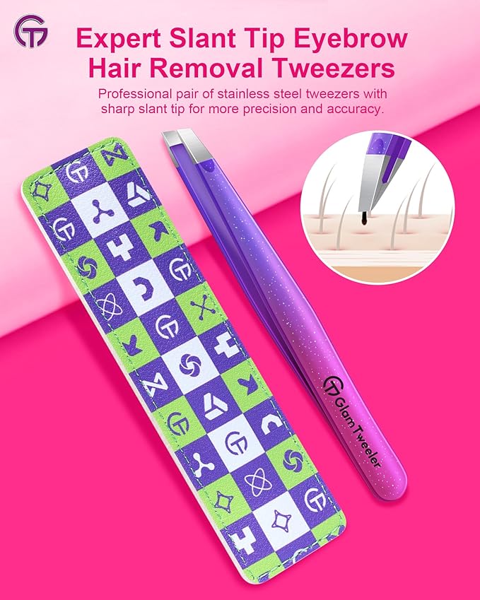 Expert Slant Tip Tweezers with Leather Travel Case, GlamTweeler Sharp & Precision Stainless Steel Tweezer for Eyebrows, Facial Hair and Fine Hairs Removal (Sparkle Deep Violet & Lavender)
