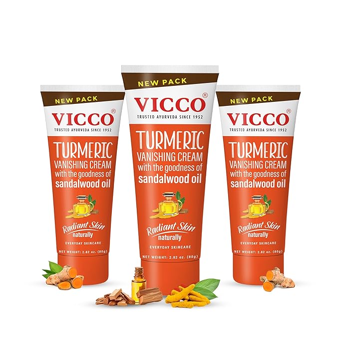 Vicco Turmeric Face Moisturizer Cream, with Sandalwood Oil by Vicco – 70 Year Legacy of Ayurveda, Hydrating with Natural Turmeric for Clear, Radiant Skin, Vegan, 100% Natural - 2.82 oz (3 Pack)