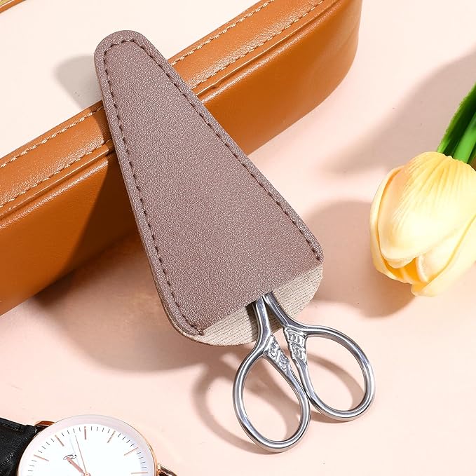 Small Facial Hair Scissors Precision Stainless Steel Nose Hair Scissors Straight Tip Beauty Grooming Kit for Eyebrow Eyelash Beard Nose Trimming Tool with PU Leather Case