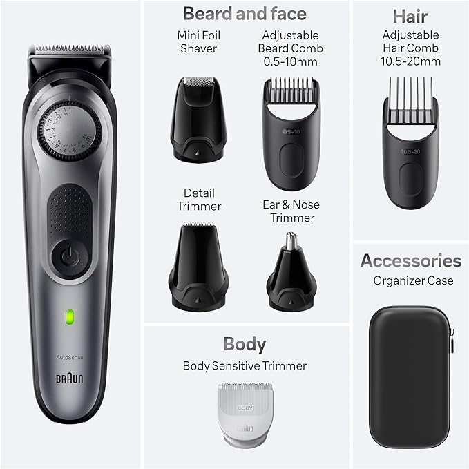 Braun All-in-One Style Kit Series 7 7410, 8-in-1 Trimmer for Men with Beard Trimmer, Body Trimmer for Manscaping, Hair Clippers & More, Sharpest Blade, 40 Length Settings, Waterproof