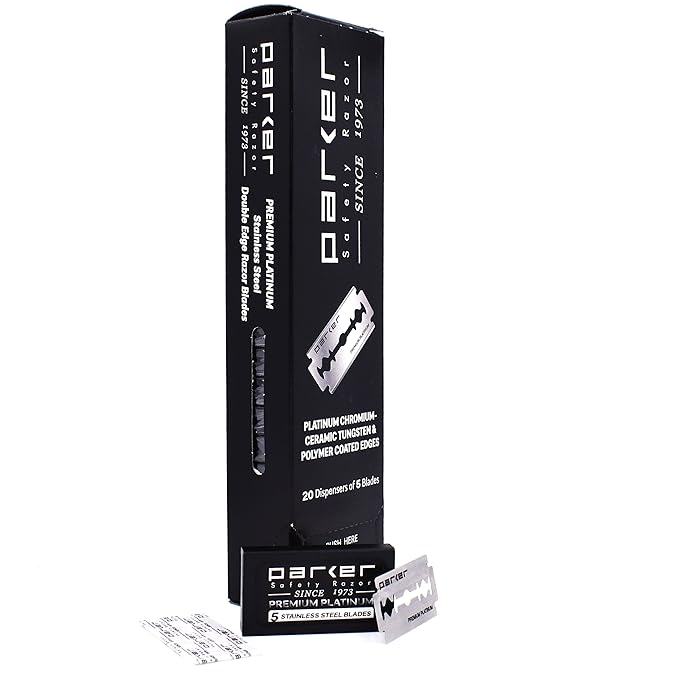 Parker 100‑Count Double Edge Safety Razor Blades – Premium Platinum‑Tungsten‑Chromium Coated Stainless Steel for Smooth, Long‑Lasting Shaves – Fits All DE Razors