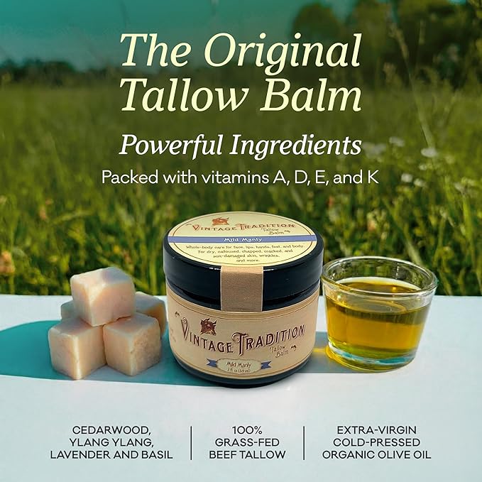 Vintage Tradition Beef Tallow All Purpose Balm - Healing, Hydrating Men’s Skin Care Salve Replaces Body Lotion, Hand Cream, More - Essential Oil, Olive Oil, and Grass-Fed Tallow, 2 fl. oz.