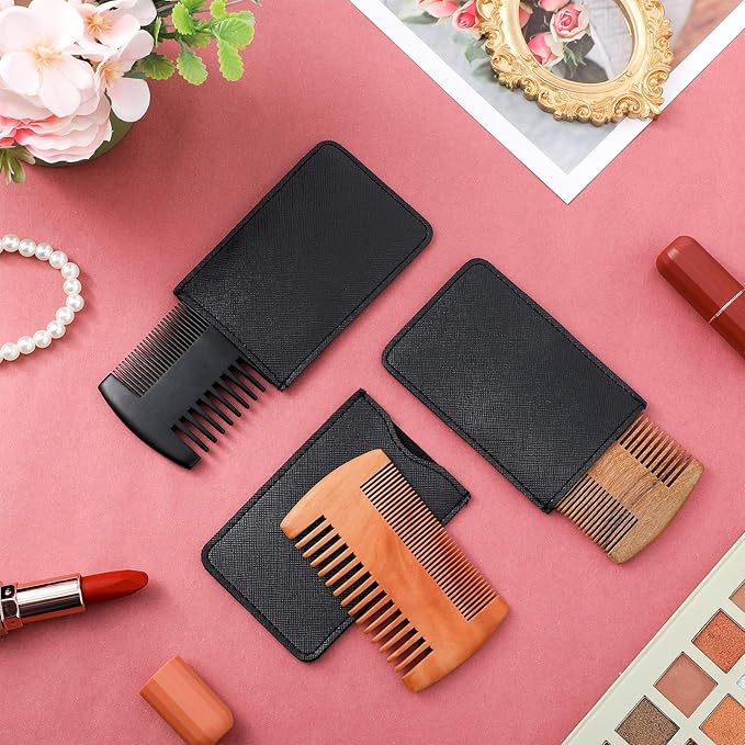 Natural Sandalwood Wooden Dual Action Beard and Mustache Comb Set with Leather Cases for Beards and Mustaches (Black, Yellow, Brown)