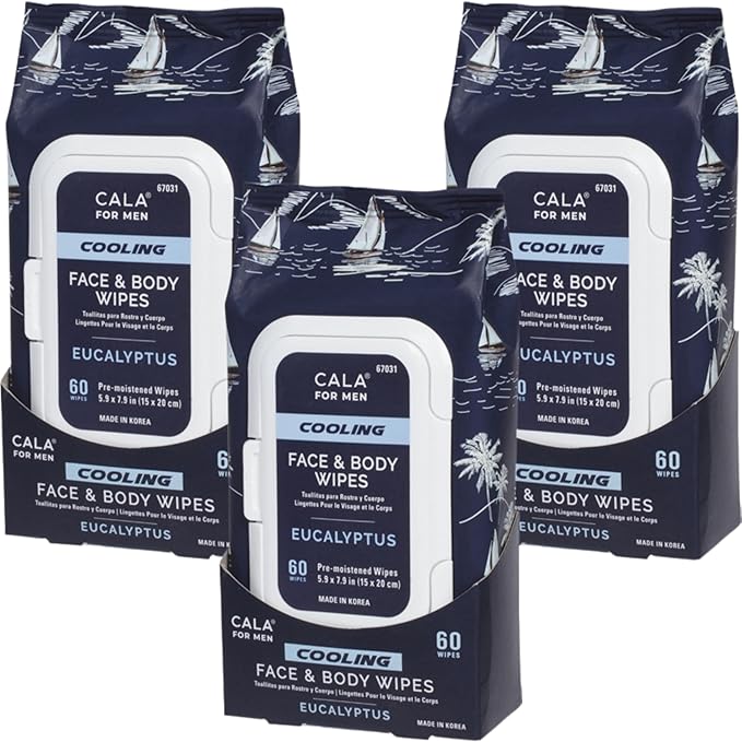 CALA Men's Cooling Face & Body Wipes: Eucalyptus (60 Sheets) - Refreshing, Hydrating Wipes for a Clean, Soothed Complexion, Ideal for Active Men (180 count, Pack of 3)