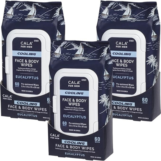CALA Men's Cooling Face & Body Wipes: Eucalyptus (60 Sheets) - Refreshing, Hydrating Wipes for a Clean, Soothed Complexion, Ideal for Active Men (180 count, Pack of 3)