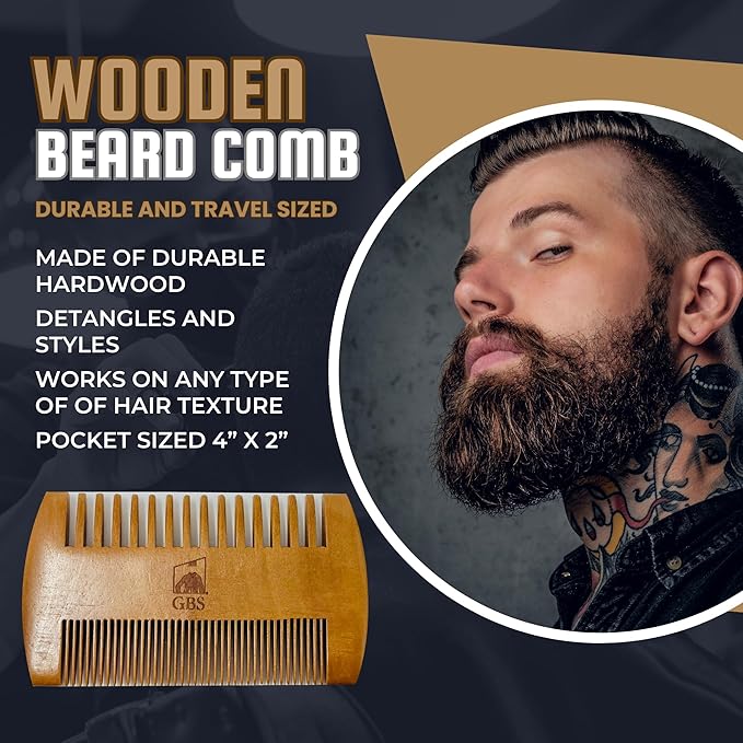 GENTS 2-Sided Wooden Beard & Mustache Comb with Fine & Coarse Teeth for Use with Balms, Wax and Oils - Pocket Sized