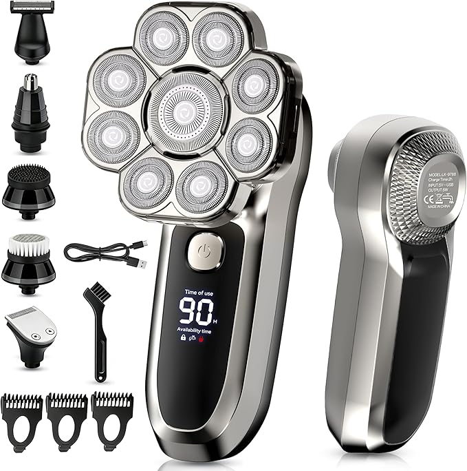 6-in-1 Electric Head & Body Hair Shaver - Mens Cordless Rechargeable Wet/Dry Skull Bald Head Back & Groin Waterproof Razor with Rotary Blades, Clippers, Nose Trimmer, Brush, Massager