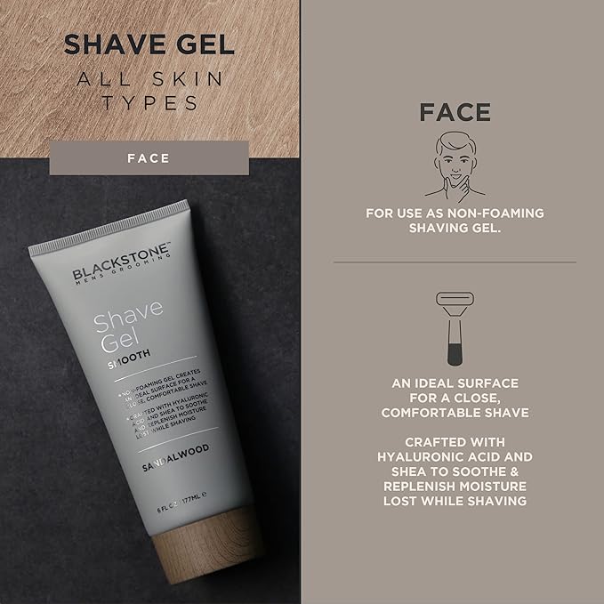 Blackstone Men's Grooming Smooth Shave Gel - Non Foaming for a Smooth Comfortable Shave - Hyaluronic Acid, Shea, Peppermint & Tea Tree - Cool, Soothe & Replenish Moisture - Sandalwood Scent (6 oz)