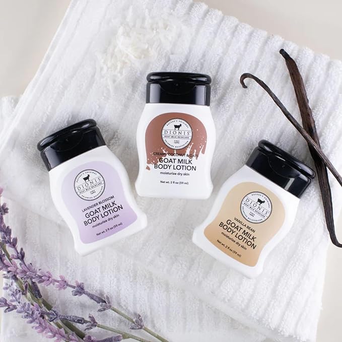 Dionis Goat Milk Scented Body Lotion Travel Size 2 oz Lavender Blossom, Vanilla Bean & Creamy Coconut & Oats 3-Piece Gift Set
