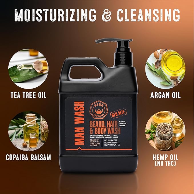 GIBS Grooming - Amber Man Wash (33.8 fl oz) 3-in-1 Beard, Hair, Body Soap - Citrus, Oak, Basil Scent - Sulfate Free - Tea Tree Oil, Hemp Oil, Protein - Mens Body Wash & Mens Shampoo - Made in USA