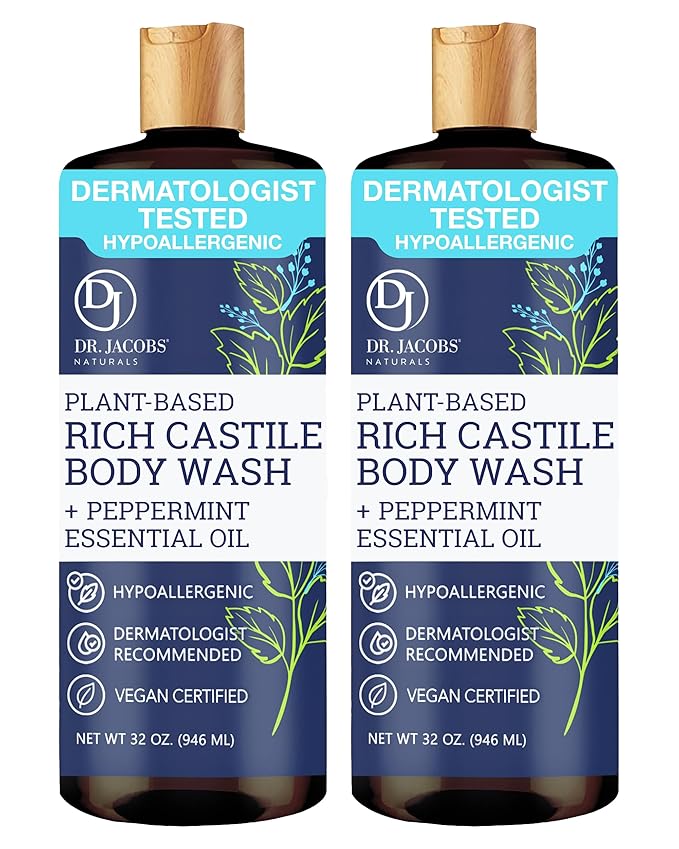Dr. Jacobs Naturals Pure Castile Soap Liquid Body Wash, Peppermint - Plant Based Soap Infused with Vitamin E and Aloe Vera to Moisturize Dry and Sensitive Skin - Made in The USA - 32 oz, Pack of 2