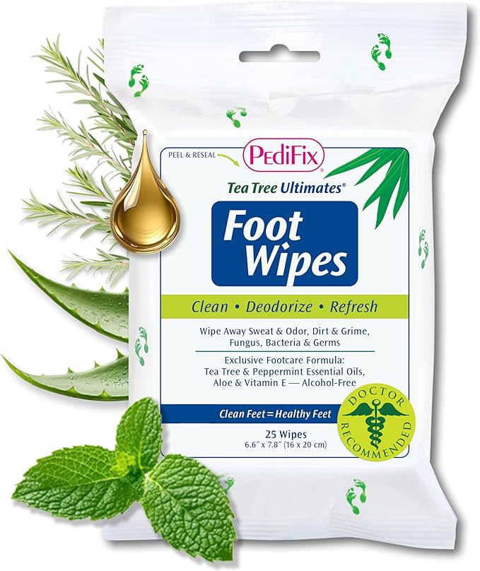 PediFix Tea Tree Ultimates Foot Wipes – Natural Deodorizing & Cleansing with Tea Tree Oil, Peppermint & Aloe Vera for Odor & Sweat Relief