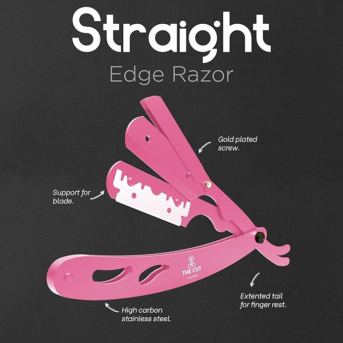 The Cut- Factory- Straight Razor with 20 Pack Platinum Treat Single Blade Razors for Men- Professional Barber Straight Edge Razor for Close Shaving 100 Percent Stainless Steel, Pink