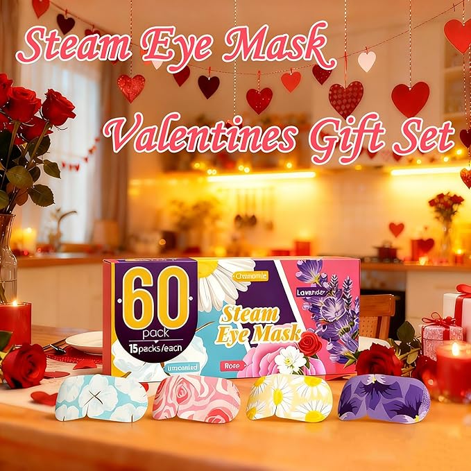 AROIC 60 Pack Steam Eye Masks Disposable for Dry Eyes, Heated Eye Mask Warm Compress for Eyes, Relaxation Valentines Day Gifts, Travel Essentials - Lavender, Unscented, Chamomile, Rose