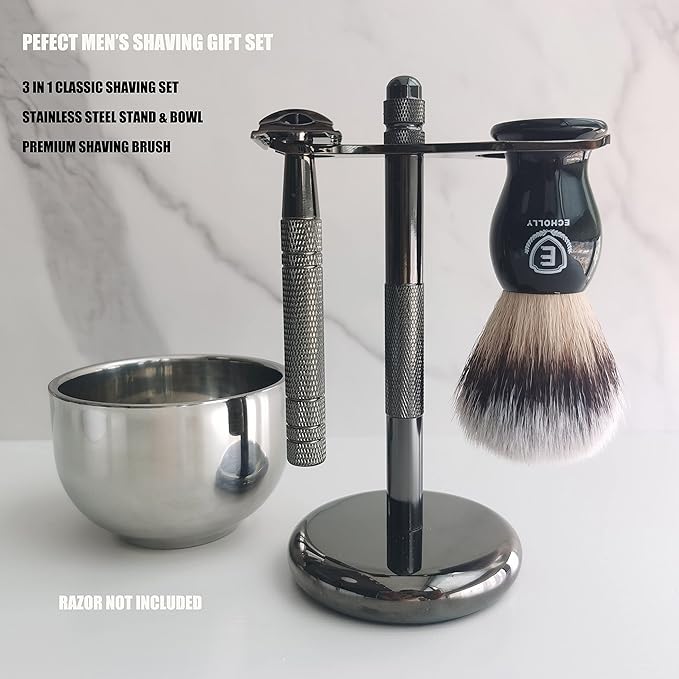 3 in1 Premium Shaving Brush Kit for Men Includes Vegan Badger Synthetic Hair Shaving Brush,Stainless Steel Shaving Soap Bowl,Heavy Safety Stand for Mens Gift (Deluxe Black)