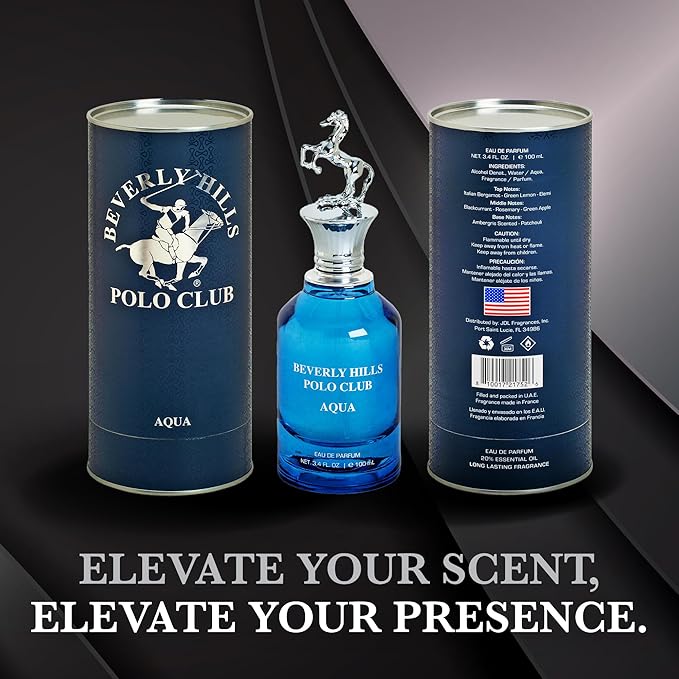 Beverly Hills Polo Club AQUA Eau de Parfum for Men - 3.4 Fl Oz (103.5ml) Long-Lasting Aquatic Fragrance | Sophisticated Scent with Iconic Metal Horse Cap & Premium Cylinder Gift Box