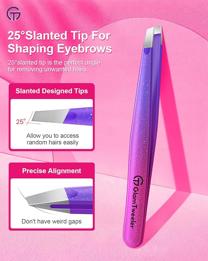 Expert Slant Tip Tweezers with Leather Travel Case, GlamTweeler Sharp & Precision Stainless Steel Tweezer for Eyebrows, Facial Hair and Fine Hairs Removal (Sparkle Deep Violet & Lavender)