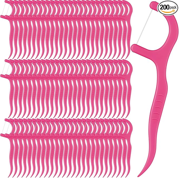 Baderke 200 Count Floss Picks Bulk Non Breakable Tooth Picks Flosser Dental Floss Sticks for Adults Teeth Cleaning Dental Flossers for Family Pack Travel (Hot Pink)