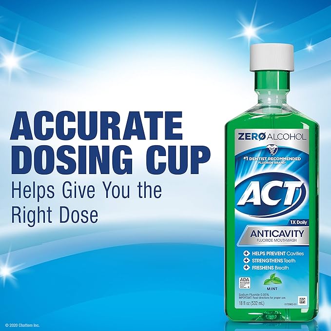 ACT Anticavity Zero Alcohol Fluoride Mouthwash | Mint Flavor | 18 fl. oz. | Pack of 2 | Includes Dosing Cup