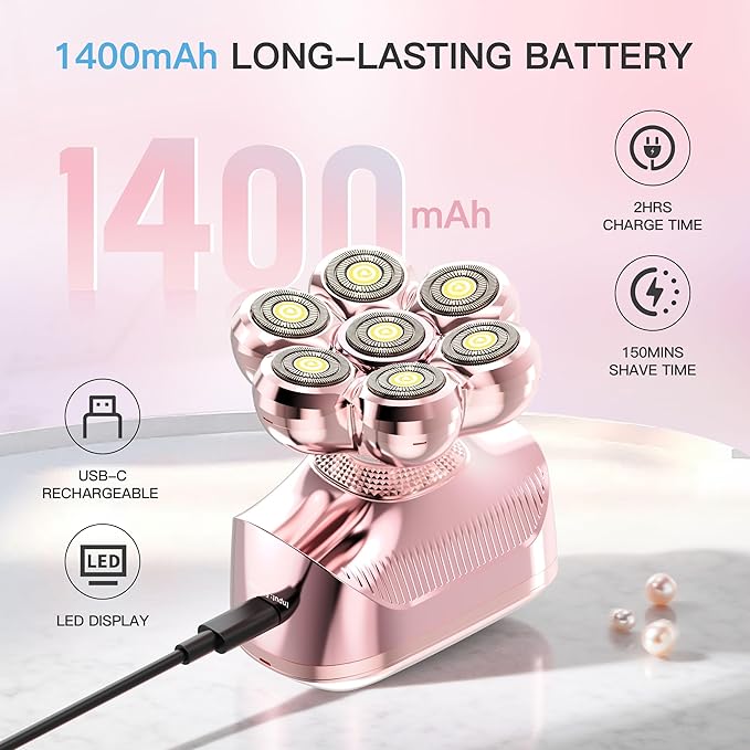 7D Electric Shaver for Women – Upgraded Electric Razor for Women with Rotary Floating Magnetic Head, Detachable and Waterproof, Painless Hair Remover for Legs, Bikini, Face, Sensitive Skin