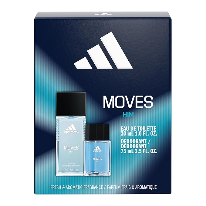 Adidas Moves for Him Giftset,1 fl oz EDT + 2.5 fl oz Body Fragrance, Notes of Green Apple, Cedarwood, Musk, Men's Fragrance, Long Lasting, Sporty Fragrance, Travel Size