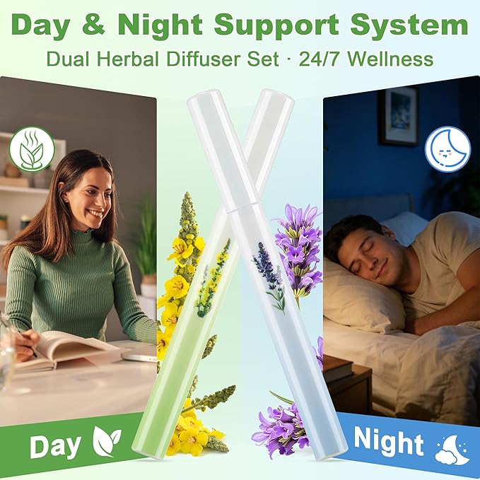 Herbal Diffuser Pen, 2 Pack Mullein & Melatonin Diffuser Pen, Night & Day Relax Duo Set for Fresh Breath & Calm Sleep Support, Total 1200 Uses
