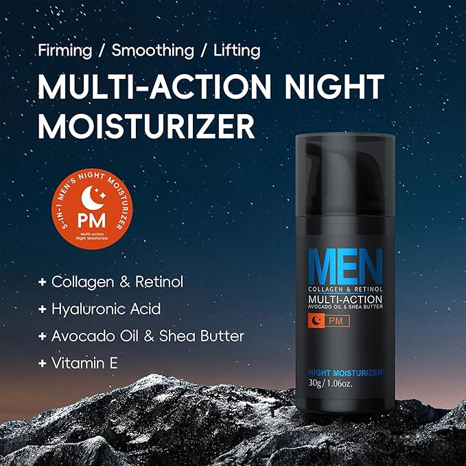 Men Hydrating Night Cream, Daily Moisturizer with Collagen & Retinol, Oil Control, Firm & Lift Hydrating Cream for Face & Body, Reduce Fine Lines, Strengthen Skin Barrier, 1.06 oz.
