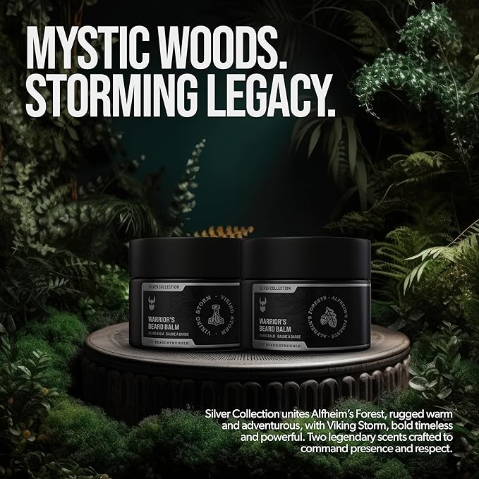 The Beard Struggle Warrior’s Beard Balm - Silver Collection, Alfheim's Forests - Non-Greasy Low-Hold Formula, Luxurious Cologne-Grade Fragrances 100% Natural and Plant-Based Ingredients - 50g