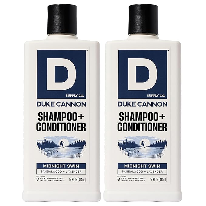 Duke Cannon Supply Co. 2-in-1 Hair Wash - Masculine Scent - Gentle Cleansing Hair Wash For Men - Stimulating Hair Shampoo & Conditioner - Strengthens Hair - Midnight Swim - 2 Pack - (14 oz)
