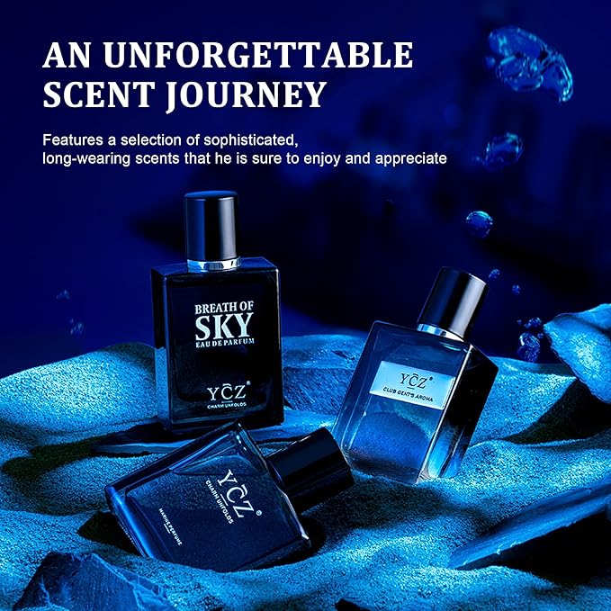 Ycz 3-Piece Cologne for Men Set - 50ml Each, Ocean/Sky/Club Perfume for Men, Eau de Cologne with Woody Fresh Citrus Notes, Ideal Special Occasions, Elegant Gift Box, Long-Lasting Sillage Unique Gift