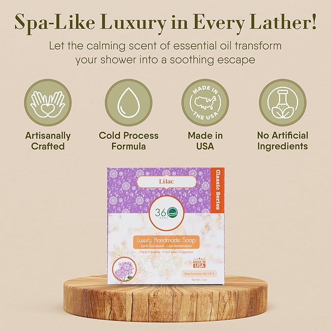 360Feel Lilac Soap - Made in the USA - Castile Handmade, All-Natural, Cold-Processed - Infused with Sweet Lilac for a Refreshing Floral Aroma and Creamy Moisturizing Lather - 5 oz