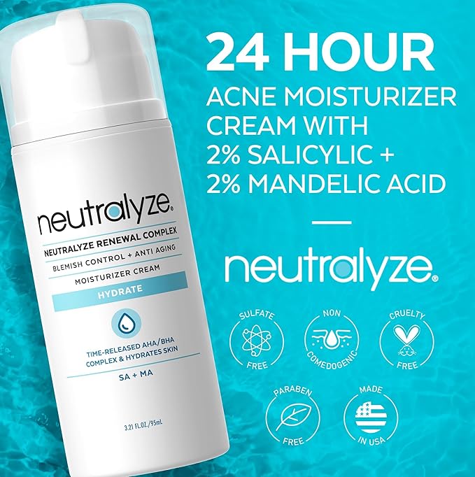 Neutralyze Renewal Complex Acne Moisturizer for Face - Maximum Strength, Time Released 2% Mandelic Acid & 2% Salicylic Acid Acne Treatment Cream - Suitable for All Skin Types, Teens & Adults