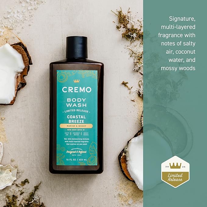 Cremo Rich-Lathering Coastal Breeze Body Wash Men, Notes of Salty Air, Coconut Water, and Mossy Woods, 16 Fl Oz