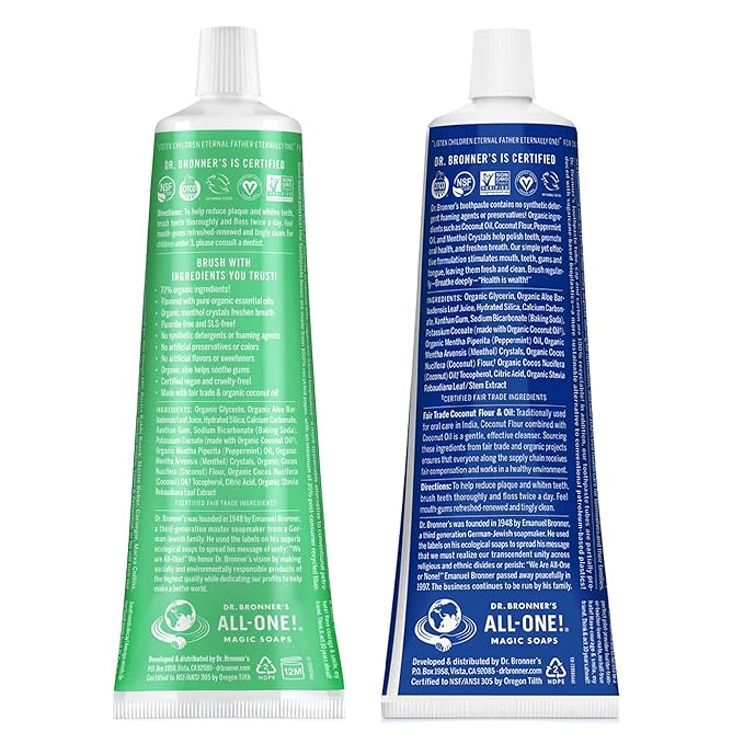 Dr. Bronner’s All-One Toothpaste– Peppermint & Spearmint, 5 oz, 2-Pack– Fluoride-Free Toothpaste for Adults, 70% Organic & Natural Ingredients, Vegan, Helps Freshen Breath, Reduce Plaque, Whiten Teeth