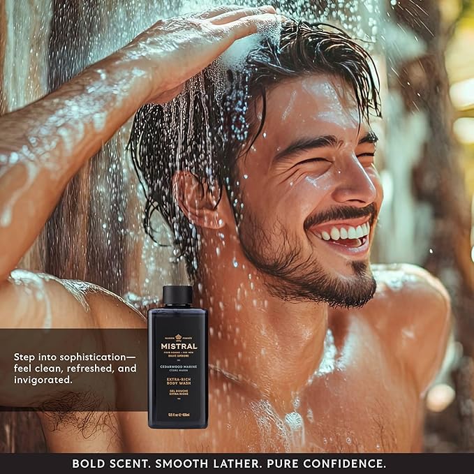 Mistral Men's Body Wash & Shampoo, Cedarwood Marine 13.5 oz | 2-in-1 Natural Shower Gel for Men | SLS, Paraben & Phthalate Free | Natural Men’s Body Wash, Moisturizing Bath Gel - Made in France