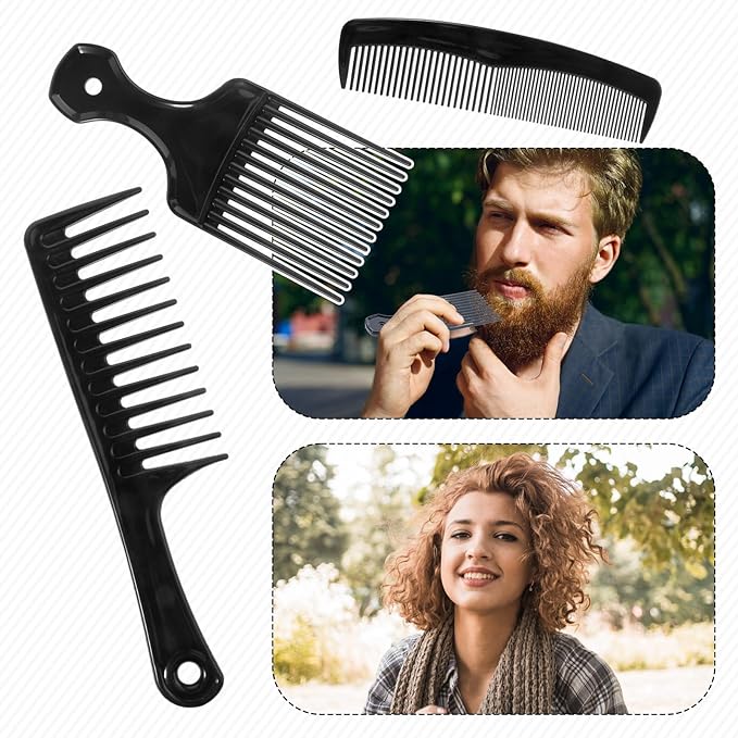 3 PCS Afro Comb, Wide Tooth Comb and Pocket Combs for Men Set, Big Tooth Comb Detangling Carbon Fiber Comb Set, Beard Pick Hair Combs for Men Barber Brush Tool for Beard, Long, Thick, Curly Afro Hair