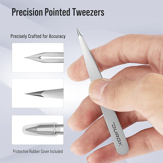 DUROX Precision 4-Piece Tweezer Set 1. Safety Tweezers for Facial Hair Removal for Women 2. Pointed Tip for Ingrown Hairs & Splinters 3. Precision Slant for Eyebrows 4. Classic Slant. Stainless Steel