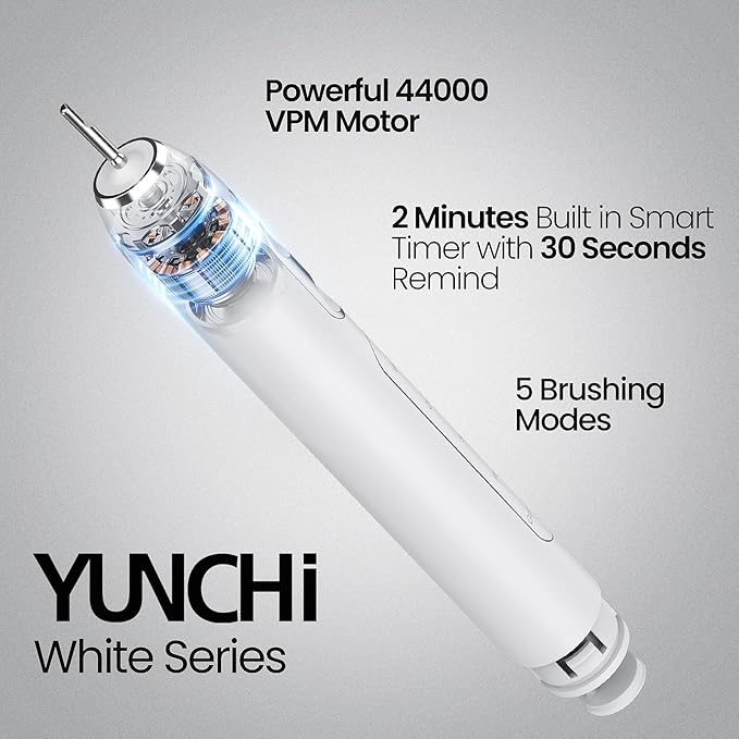 YUNCHI Electric Toothbrush for Adults and Kids, Rechargeable Sonic Electric Tooth Brush with 8 Brush Heads, 90 Days, 5 Models & 2 Minutes Smart Timer, Travel Case, 44000 VPM Motor, White