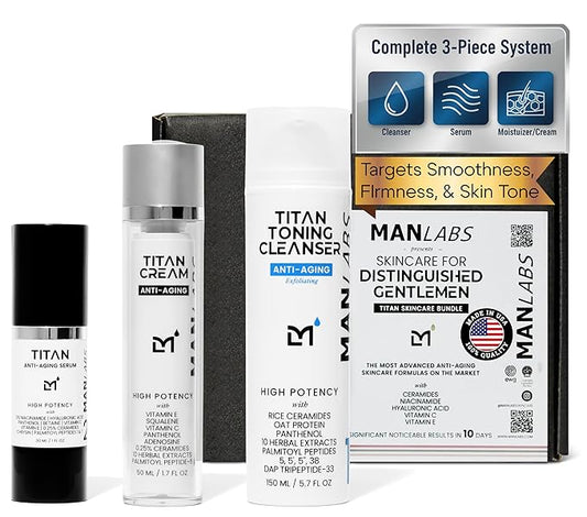 Titan Anti-Aging Mens Skin Care Kit – Cleanser, Face Serum, Mens Face Moisturizer – Men, Skin Care Set – Dark Spots, Wrinkles, Fine Lines – Vitamin C, Niacinamide, Ceramides, HA – Unscented