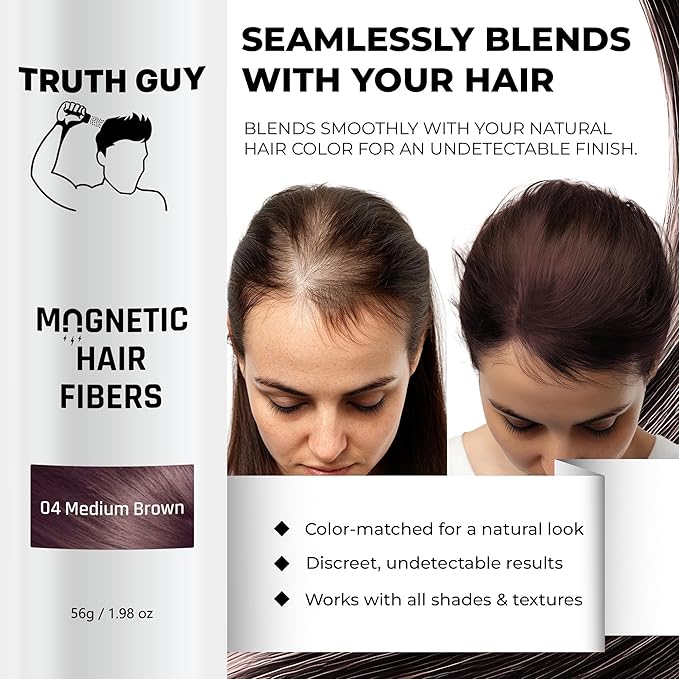 Truth Guy Magnetic Hair Building Fibers for Thinning Hair - Adds Volume & Thickness with Static Electricity Technology - Easy Application for Men & Women, Quick Results, Mess-Free. 2 oz. Medium Brown
