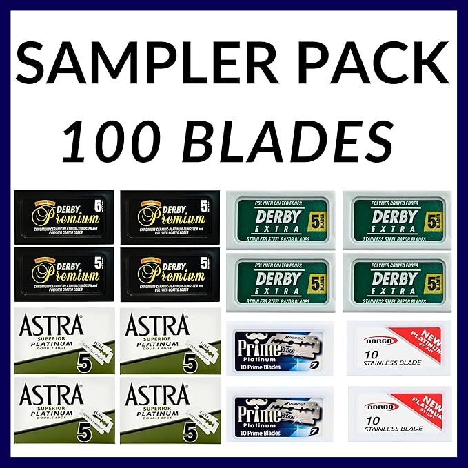 Double Edge Safety Razor Blades Sampler Pack for Men-Includes 3 Top Global Brands: Dorco Astra Derby-Comfortable Shaving –Fits All Double Edge Safety Razors (100)