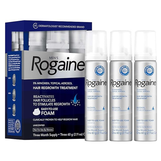 Men’s Rogaine 5% Minoxidil for Men Foam, Clinically Proven Regrowth for Thinning Hair, Topical Hair Loss Treatment, Unscented Topical Aerosol, Results in 8–16 Weeks, 3-Month Supply, 3 x 2.11 oz