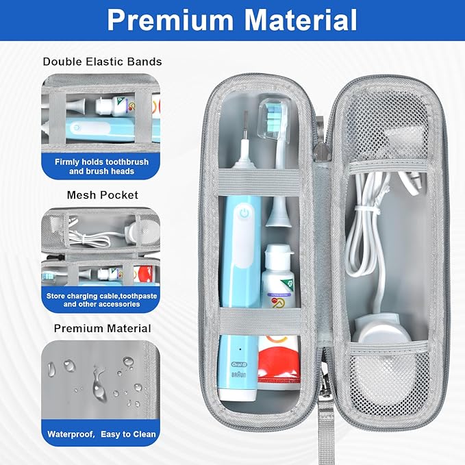Toothbrush Travel Case for Oral B/Oral-B Pro 1000 1500 5000 7000 7500 6000 9600/ Phlips Sonicare 4100 5100 1100 6100 5300 Electric Toothbrush, Portable Hard Protective Storage Bag (Blue)